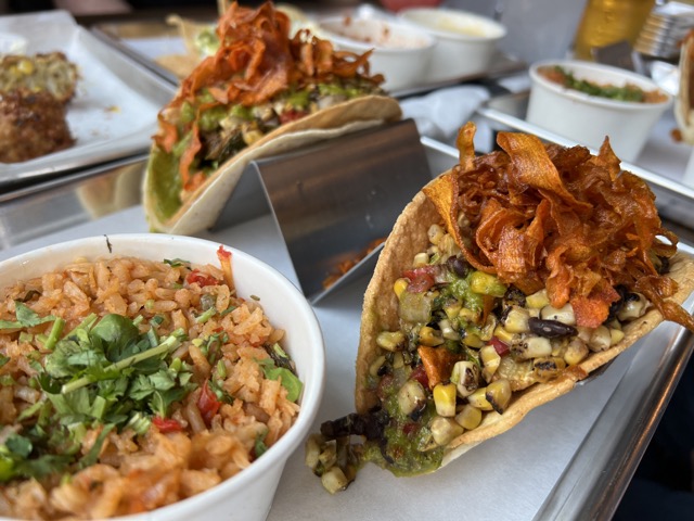 Vegan tacos and Mexican rice at Agave & Rye Centerville