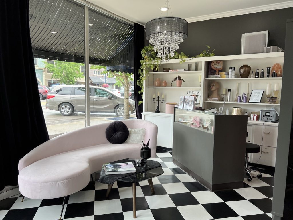 Waiting area and front desk at Ruby's Beauty Salon