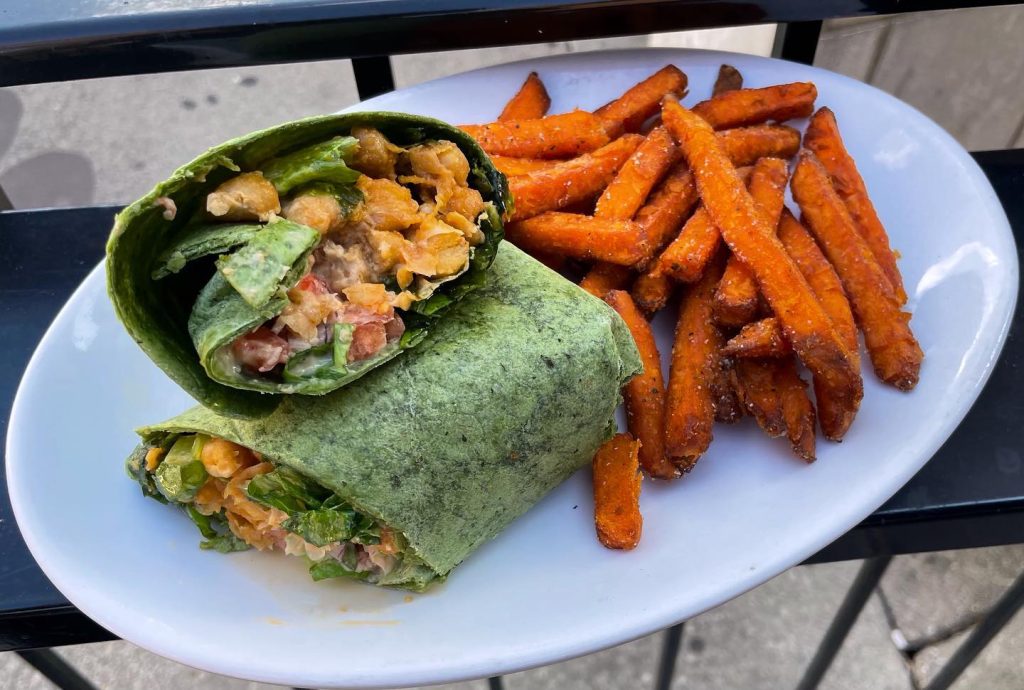 Lucky's chickpea wrap and sweet potato fries Dayton 