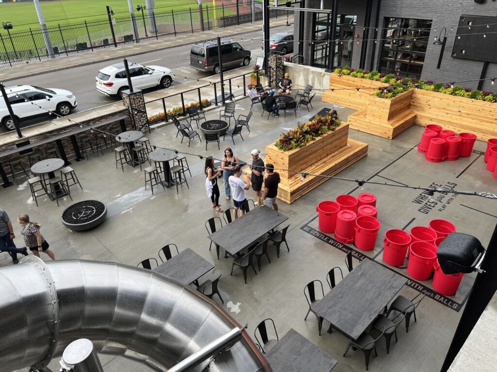 Aerial view of Pins Mechanical Dayton patio