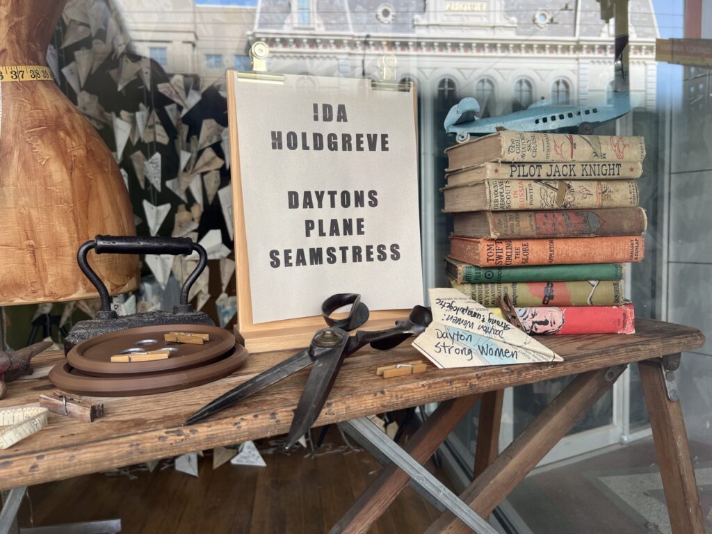 Close up of an art installation called Ida Holdgreve Dayton Plane Seamstress
